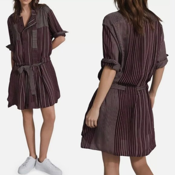 REISS Albi Shirt Dress Burgundy Striped Long Sleeve Midi Workwear Capsule Style - Picture 4 of 9